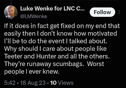 Screenshot of an August 18, 2023, social media post in which Luke Wenke calls Ryan Teeter, Hunter, and others 