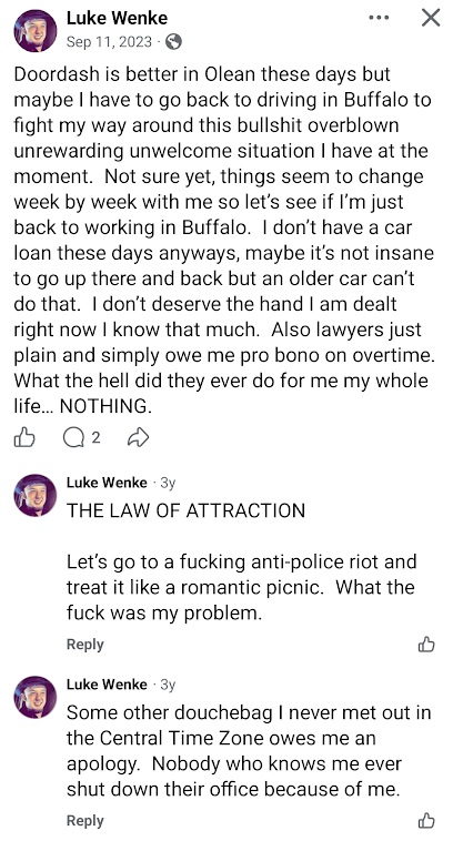 September 11, 2023, Facebook post by Luke Wenke complaining about his personal circumstances, accusing lawyers of failing him, and commenting about attending an anti-police riot as though it were a romantic picnic.