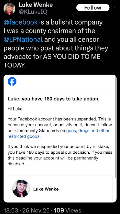 Luke Wenke shares Facebook suspension notice citing guns, drugs, and restricted goods.
