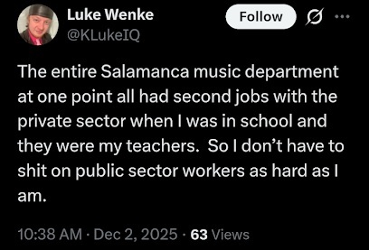 December 2, 2025 posts by Luke Wenke discussing Salamanca music teachers who held private-sector jobs and insulting a woman in Hamburg while accusing her of being a βwelfare scam.β
