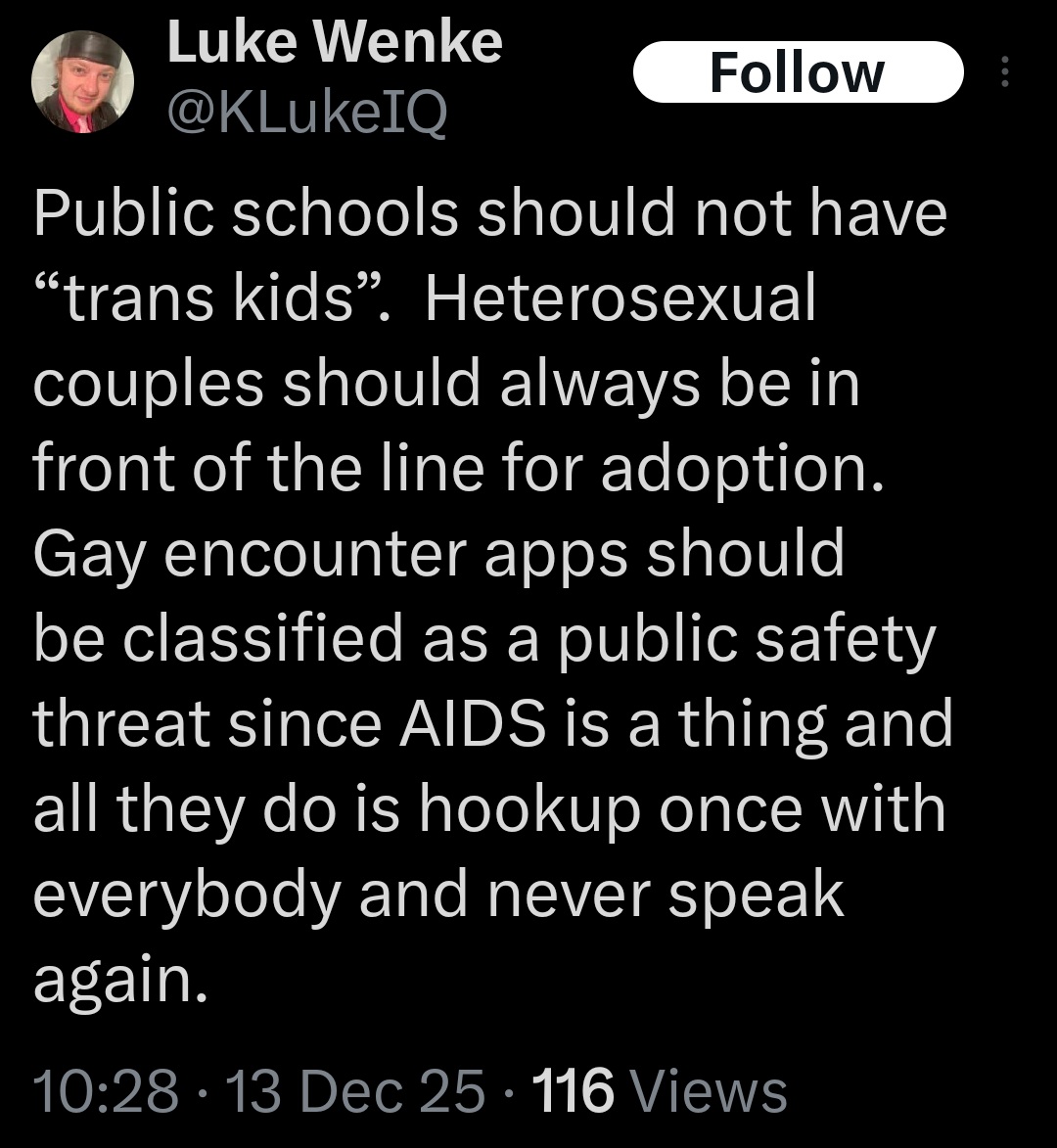 Luke Wenke X post criticizing transgender children in public schools, same-sex couples adopting children, and gay dating apps while making claims about HIV/AIDS.