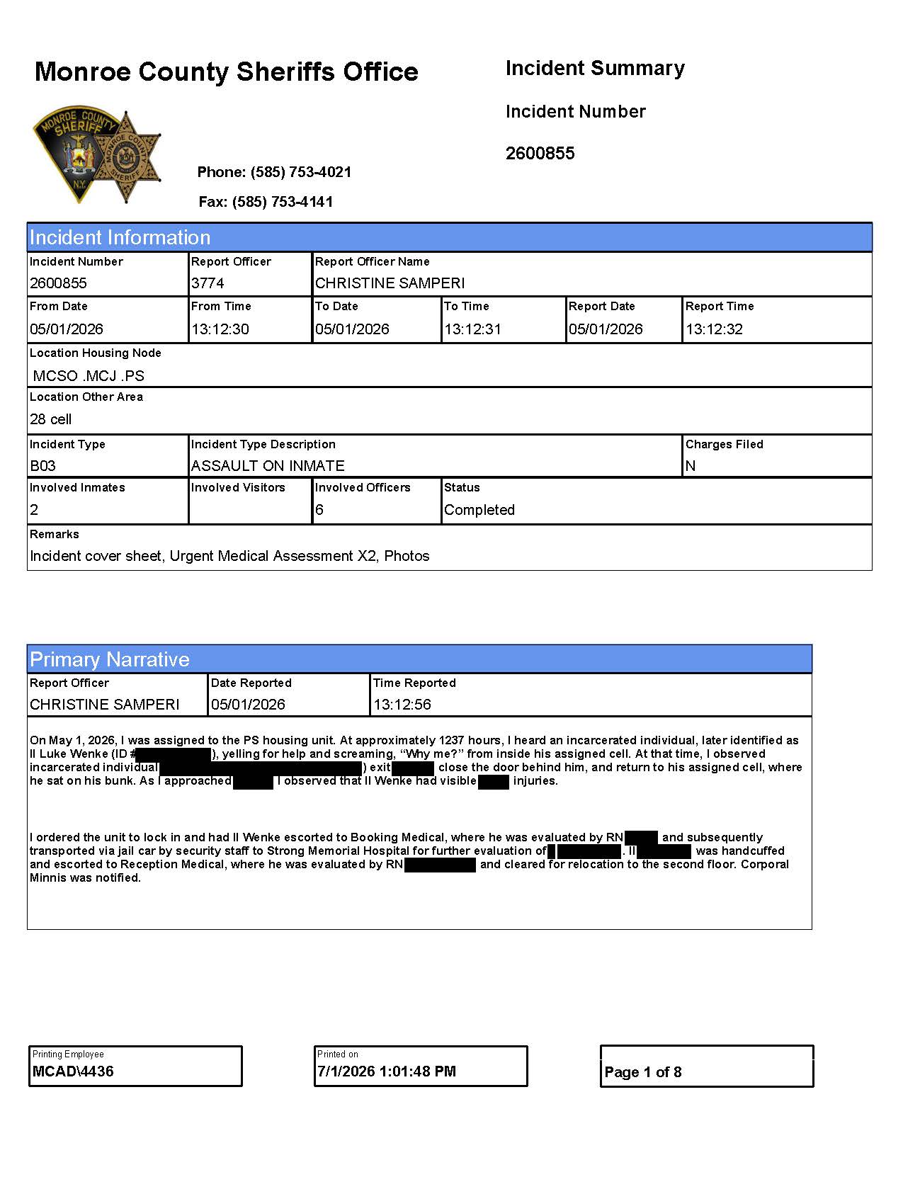 Monroe County Sheriff’s Office report stating that Luke Wenke was found with visible injuries after an alleged inmate assault on May 1, 2026.