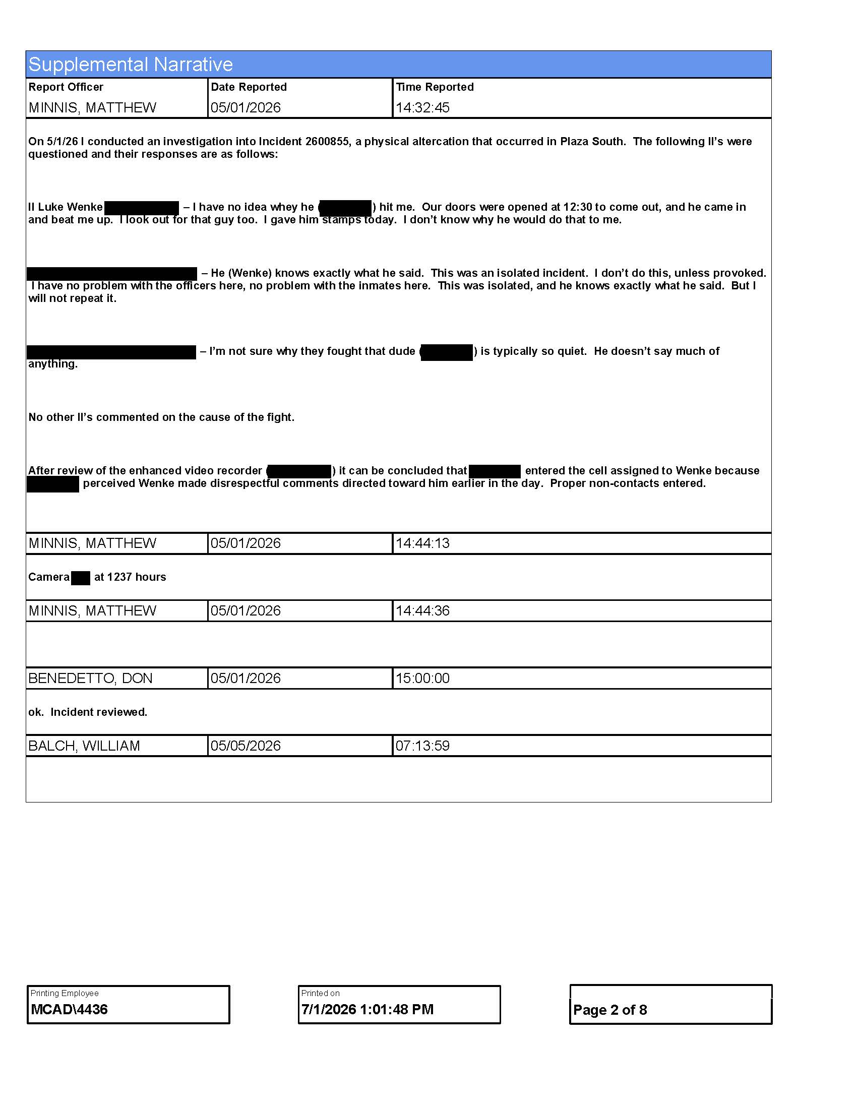 Supplemental Monroe County Jail report containing Luke Wenke’s statement, inmate interviews, and investigative findings about the May 1, 2026 altercation.