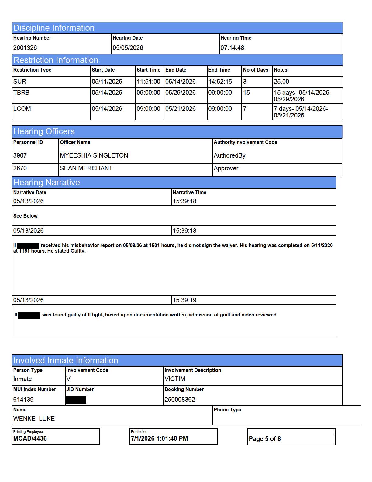 Monroe County Jail disciplinary record showing a guilty finding against the inmate involved in the May 2026 altercation with Luke Wenke.