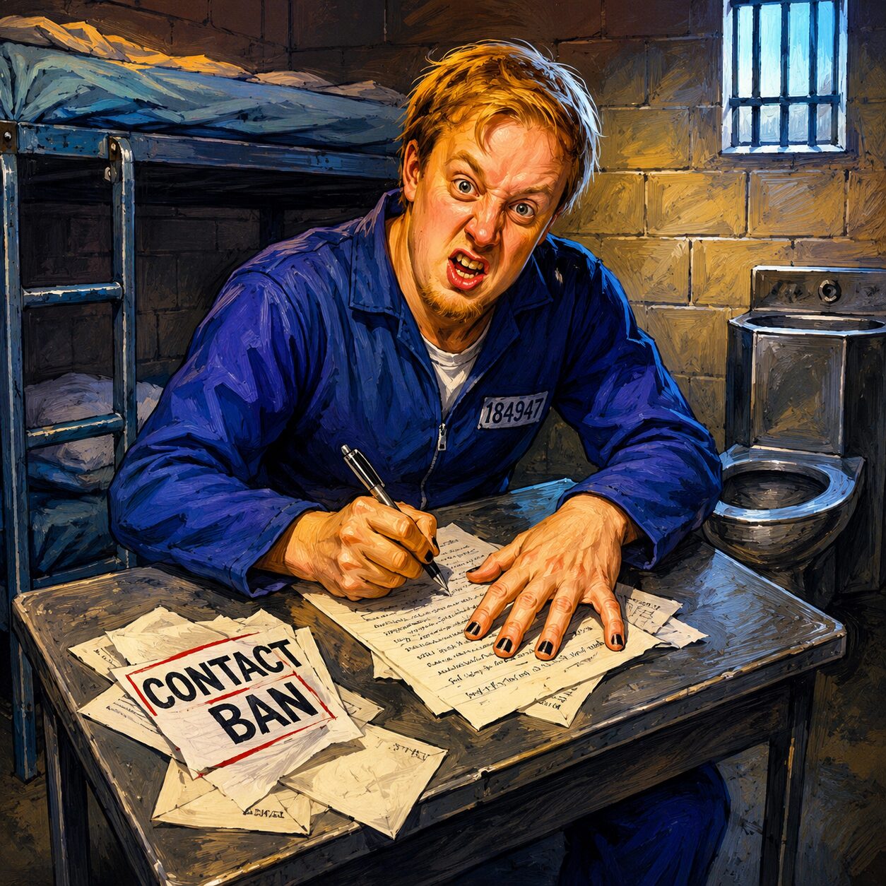 Satirical illustration of an inmate resembling Luke Wenke writing letters in a jail cell beside paperwork marked “Contact Ban.”