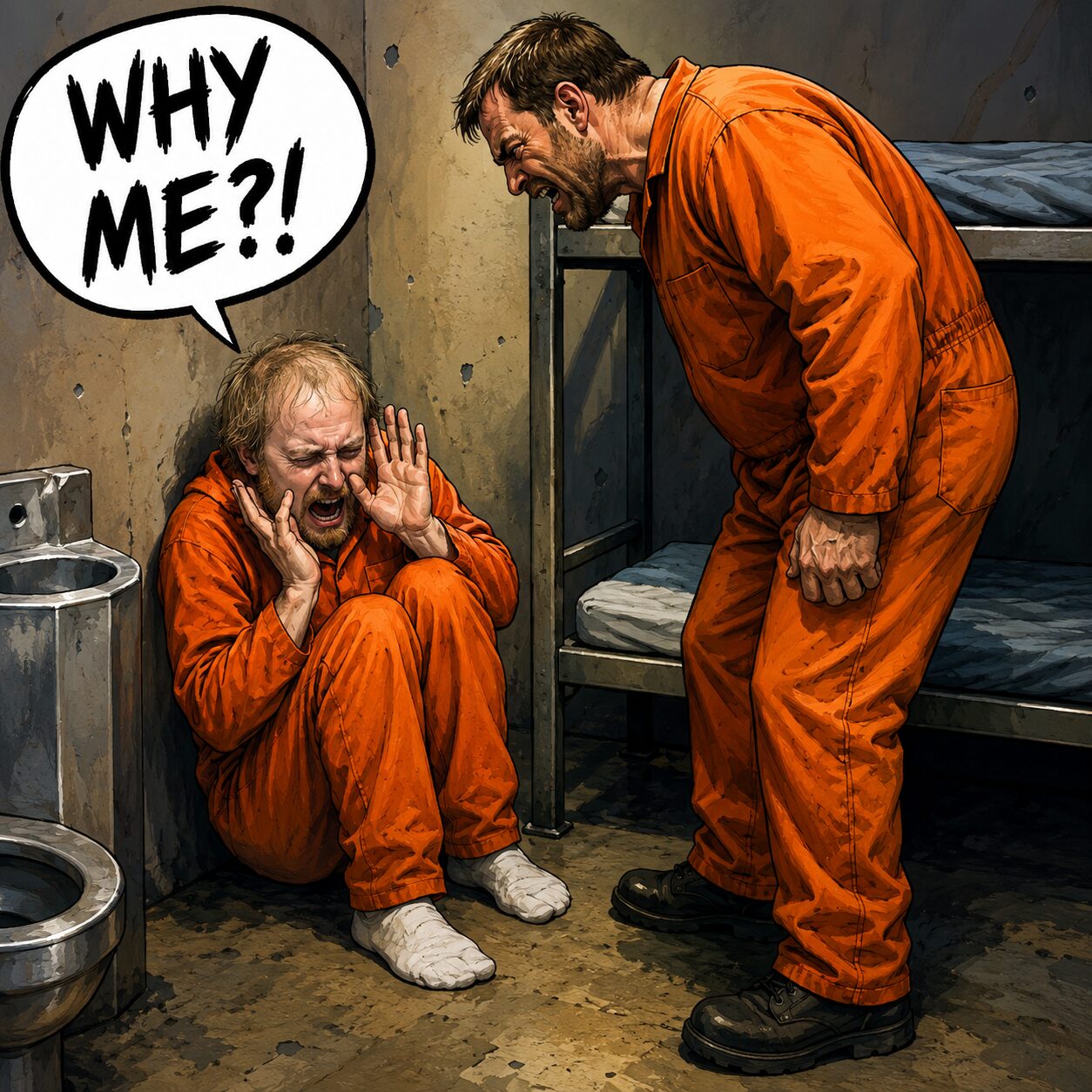 Satirical illustration of a distressed inmate resembling Luke Wenke crouching beside a jail bunk while another inmate confronts him.