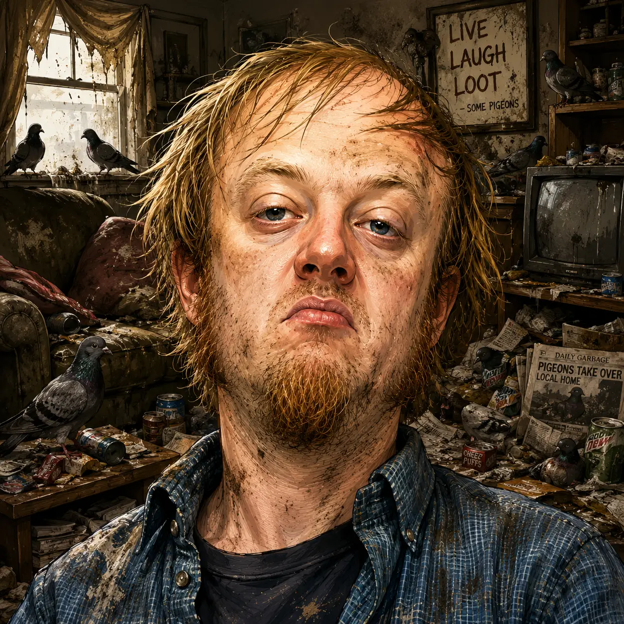 Satirical illustration of a disheveled man surrounded by pigeons, garbage, newspapers, and clutter inside a severely neglected home.