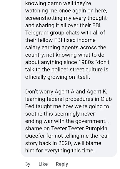 Luke Wenke social media comment claiming FBI agents were watching and screenshotting his online activity while referencing Benjamin Ryan Teeter and events from 2020.