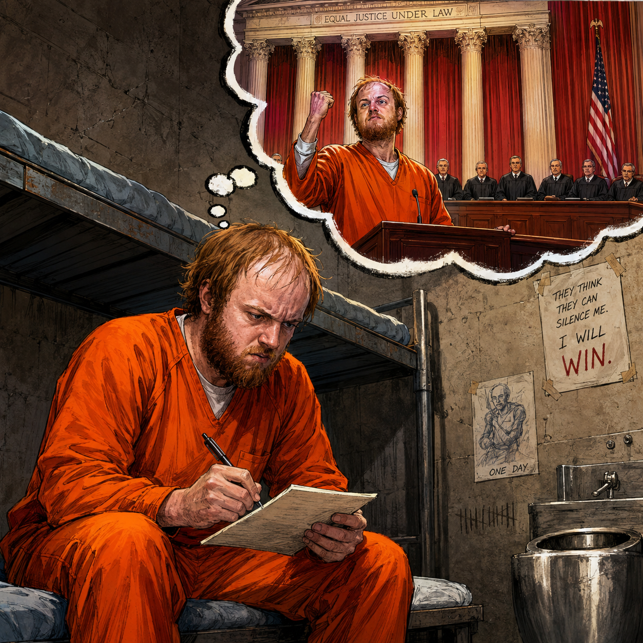 Satirical illustration of an inmate writing about taking his legal claims to the U.S. Supreme Court