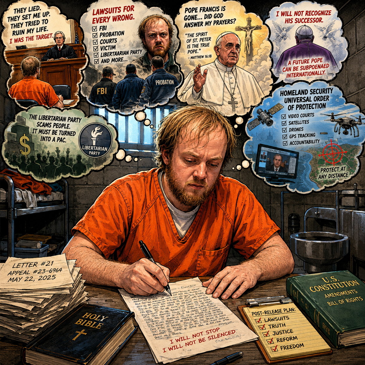 Satirical illustration of an inmate writing a letter while imagining lawsuits, the FBI, Pope Francis and the Libertarian Party