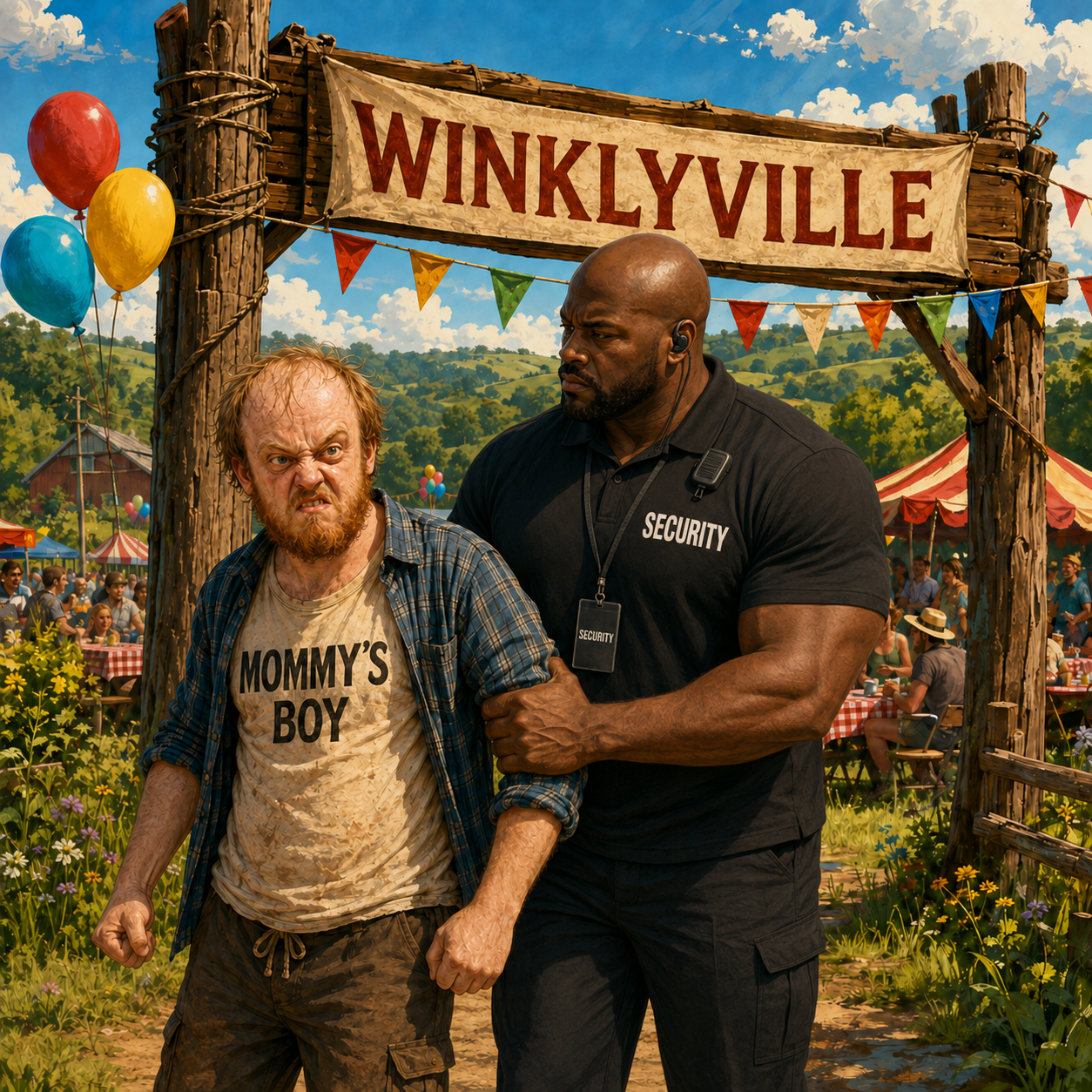 Satirical illustration of an angry man being escorted from a Winklyville gathering by a security guard