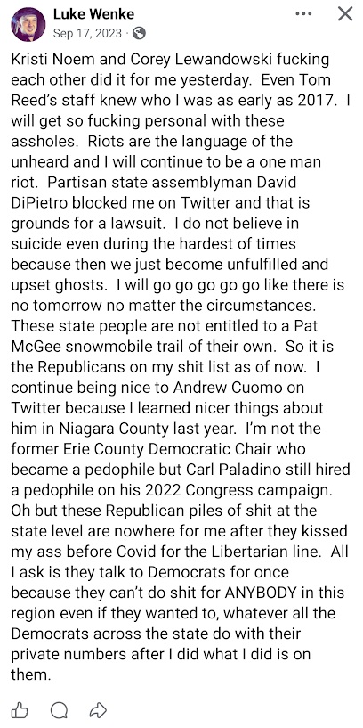 Screenshot of a September 2023 Luke Wenke Facebook post saying he will get “so fucking personal” with Republican officials while criticizing David DiPietro and discussing Kristi Noem, Corey Lewandowski, Andrew Cuomo, and Carl Paladino.