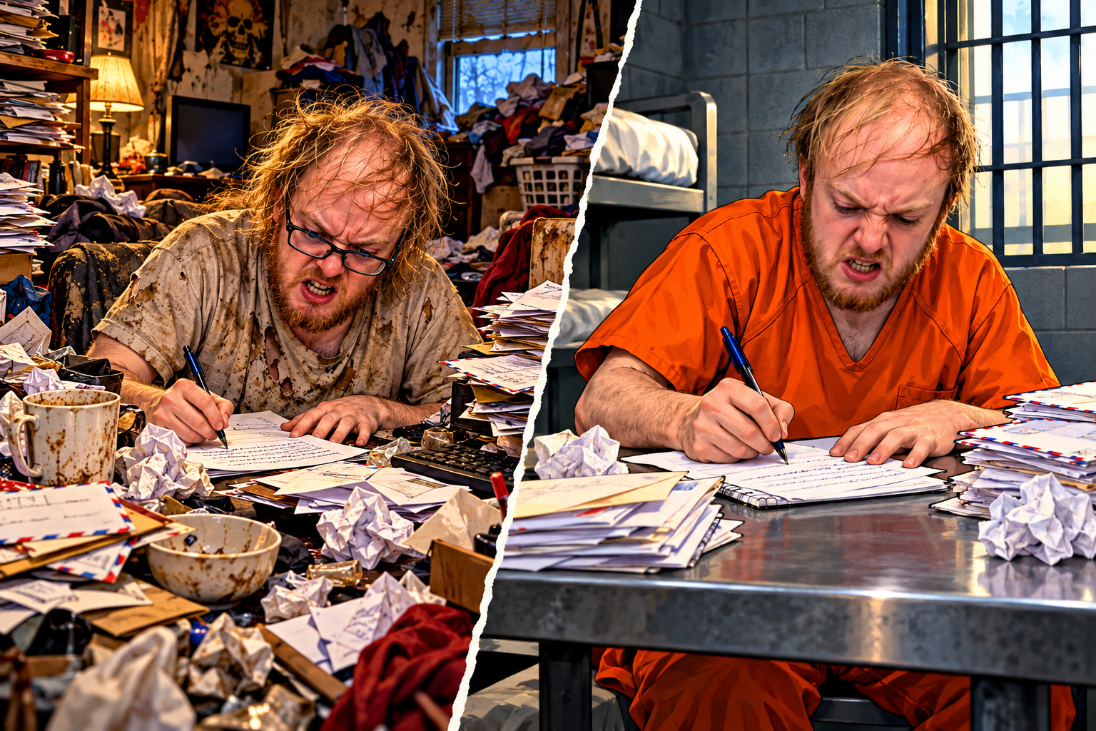 Comic-style illustration of a Luke Wenke lookalike writing letters in a cluttered home and an institutional setting
