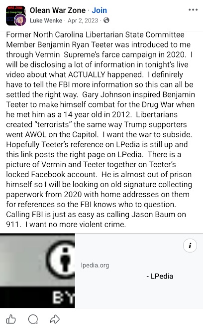 April 2, 2023, Facebook post by Luke Wenke discussing Benjamin Ryan Teeter, Vermin Supreme, the Boogaloo movement, and plans to provide information to the FBI.