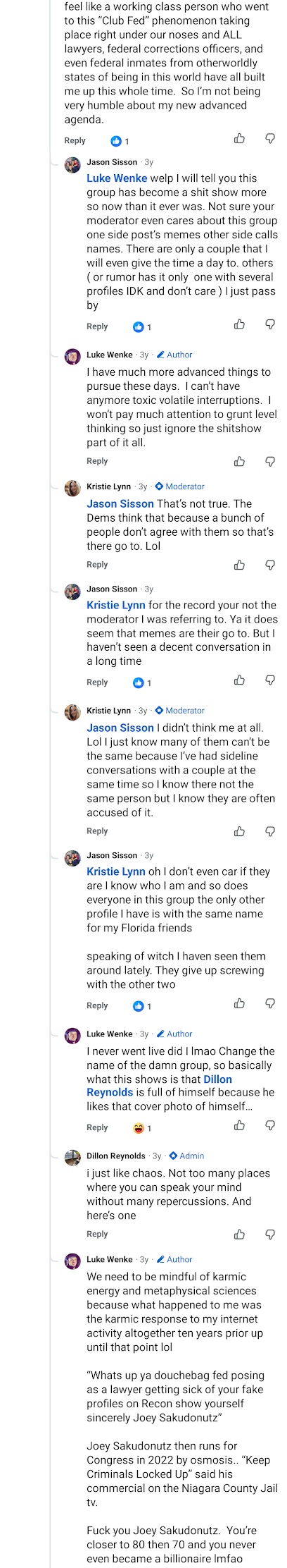 Facebook comments showing Luke Wenke arguing with Olean War Zone members, discussing alleged fake profiles, and insulting Joey Sakudonutz.