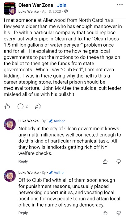 April 3, 2023, Facebook post by Luke Wenke discussing an Allenwood prison acquaintance, Olean's water infrastructure, John McAfee, and local government corruption claims.