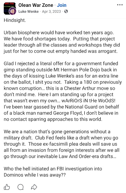April 3, 2023, Facebook post by Luke Wenke claiming he served in the National Guard on behalf of George Floyd while discussing government corruption, military drafts, and an alleged FBI investigation into Domino's.