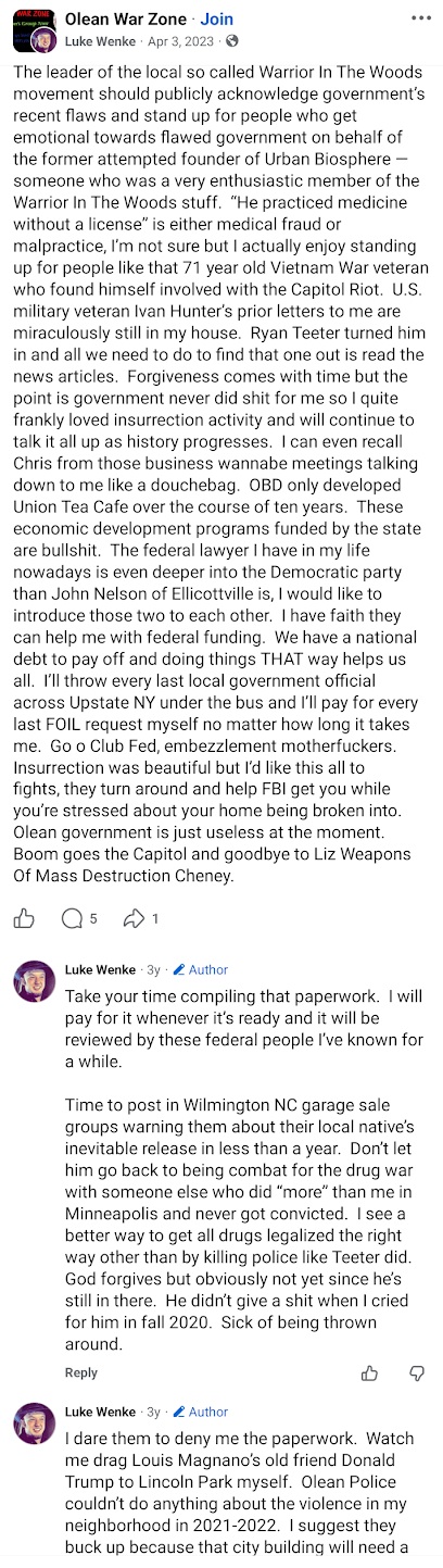 April 3, 2023, Facebook post by Luke Wenke praising insurrection activity, discussing Capitol riot participants and Ryan Teeter, referencing Ivan Hunter, and criticizing the FBI and local government officials.