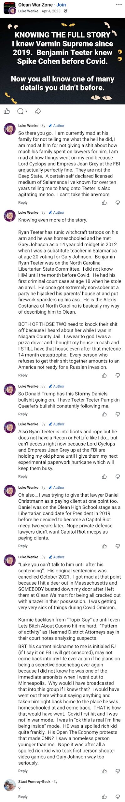 April 4, 2023, Facebook post by Luke Wenke discussing Benjamin Ryan Teeter's connections to Spike Cohen and Vermin Supreme, his personal fixation on Teeter, and allegations involving the FBI.