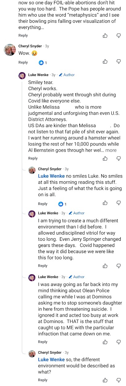 Facebook comments by Luke Wenke insulting Melissa, arguing with Cheryl Snyder, and discussing an Olean police call involving a suicide threat at Domino's.