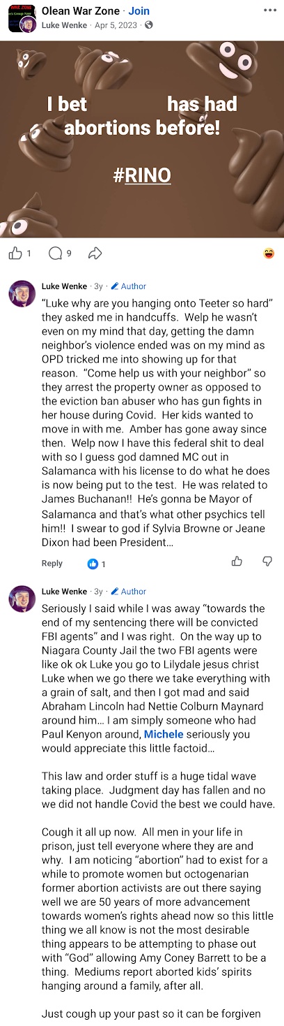 April 5, 2023, Facebook post by Luke Wenke featuring an abortion-related accusation, comments about Benjamin Ryan Teeter, FBI agents, and psychic predictions.