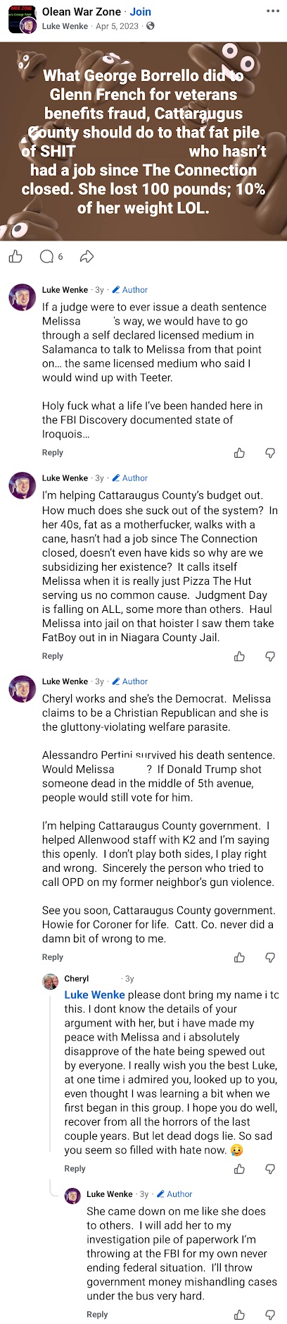April 5, 2023, Facebook post by Luke Wenke insulting and body-shaming a woman named Melissa, referencing the death penalty, and threatening to report her to the FBI.