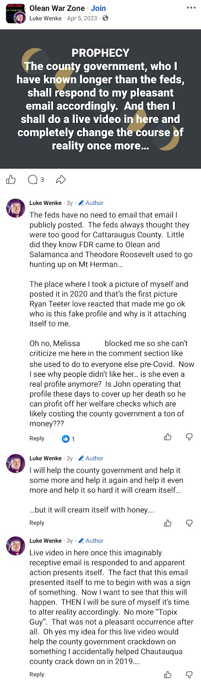 April 5, 2023, Facebook post by Luke Wenke predicting that Cattaraugus County officials will respond to his email and trigger a reality-changing event.