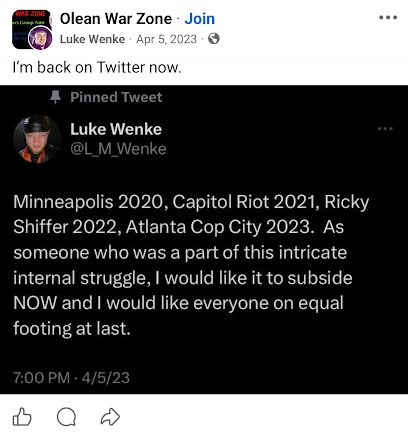 April 5, 2023, Facebook post by Luke Wenke sharing a tweet expressing suicidal thoughts and referencing Minneapolis protests, the Capitol riot, Ricky Shiffer, and Atlanta Cop City.