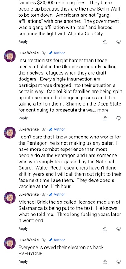 April 6, 2023, Facebook comments by Luke Wenke praising Capitol rioters, claiming superior combat experience to Pentagon personnel, and criticizing the National Guard.