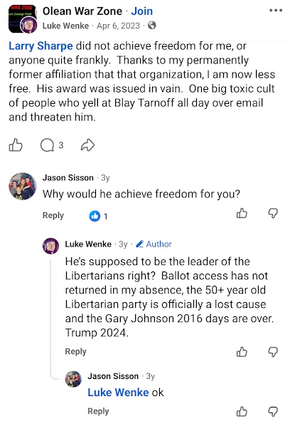 April 6, 2023, Facebook post by Luke Wenke criticizing Larry Sharpe, Libertarian ballot access, and the party's leadership.