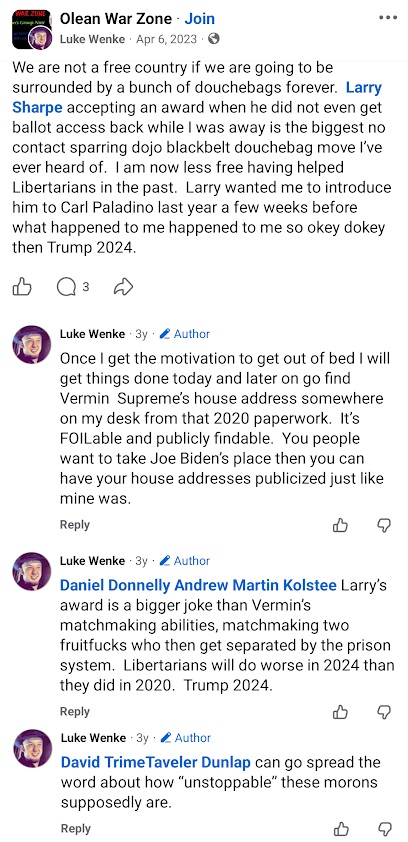 April 6, 2023, Facebook post by Luke Wenke criticizing Larry Sharpe, discussing Libertarian Party disputes, and threatening to publicize Vermin Supreme's address.