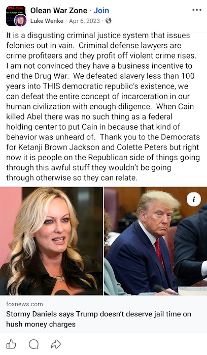 April 6, 2023, Facebook post by Luke Wenke criticizing criminal defense lawyers and incarceration alongside an article about Stormy Daniels and Donald Trump.