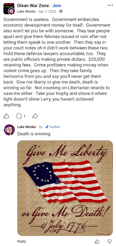 April 7, 2023, Facebook post by Luke Wenke accusing government officials and lawyers of corruption and declaring that death is winning over liberty.