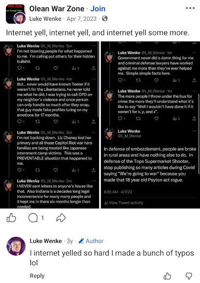 April 7, 2023, Facebook post by Luke Wenke sharing tweets criticizing the FBI, criminal defense lawyers, and Capitol riot prosecutions.
