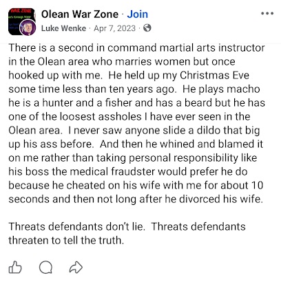 April 7, 2023, Facebook post by Luke Wenke alleging a sexual encounter with a married Olean martial arts instructor and accusing him of infidelity.