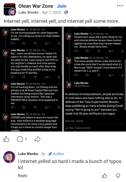 April 7, 2023, Facebook post by Luke Wenke in Olean War Zone sharing X rants about government, lawyers, and legal disputes.