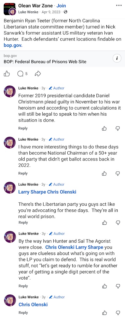 April 9, 2023, Facebook post by Luke Wenke discussing Benjamin Ryan Teeter, Ivan Hunter, and Daniel Christmann, referencing federal prison records and criticizing Libertarian Party figures.