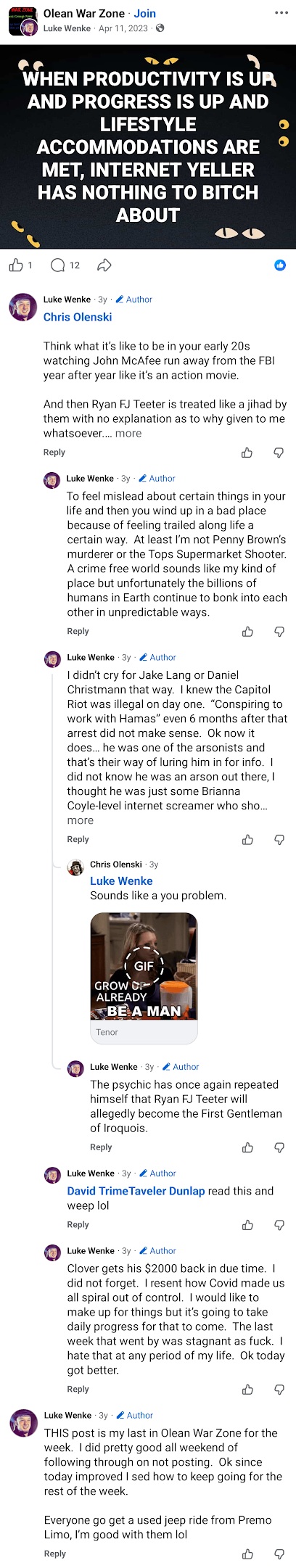 April 11, 2023, Olean War Zone Facebook post by Luke Wenke discussing alleged FBI surveillance, Ryan FJ Teeter, Jake Lang, Daniel Christmann, and claims involving Hamas.