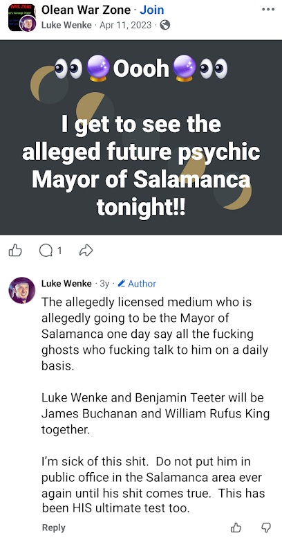 Luke Wenke discusses an alleged psychic future mayor of Salamanca and Benjamin Teeter.