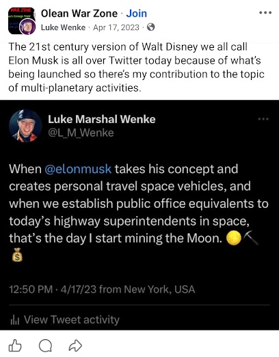 April 17, 2023, Luke Wenke Facebook post about Elon Musk, personal spacecraft, and plans to mine the Moon.