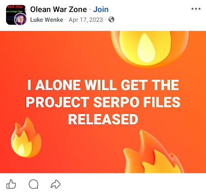 April 17, 2023, Luke Wenke Facebook post declaring he will get the Project Serpo files released.