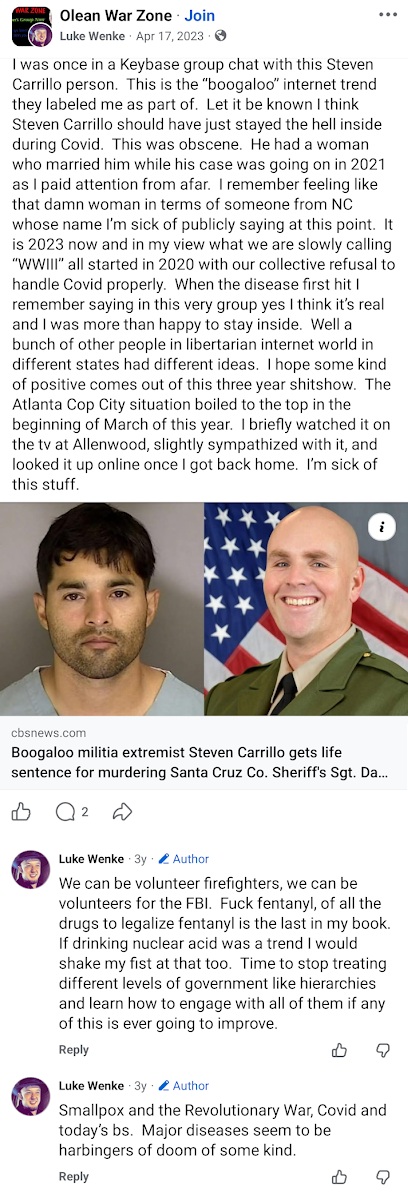April 17, 2023, Luke Wenke Facebook post discussing Steven Carrillo, the Boogaloo movement, COVID, and libertarians.
