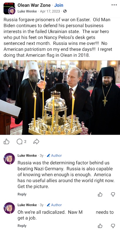 April 17, 2023, Luke Wenke Facebook post praising Russia, criticizing America, and sharing a photo of Vladimir Putin.