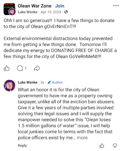 April 19, 2023, Facebook post by Luke Wenke offering to donate items to the Olean city government, criticizing eviction ban abuses, and discussing the city's reported loss of 1.5 million gallons of water.