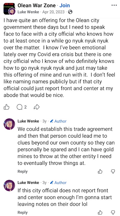 Luke Wenke proposes an agreement with an Olean city official and requests a home visit.