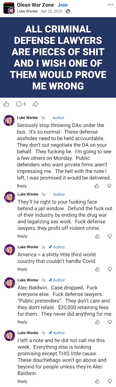 Luke Wenke insults criminal defense lawyers and accuses public defenders of dishonesty.