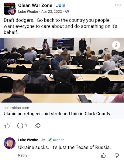 April 23, 2023, Facebook post by Luke Wenke telling Ukrainian refugees to return to their country and accusing them of avoiding military service. He shares an article about refugee assistance in Clark County and compares Ukraine to Texas.