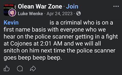 April 24 Facebook post by Luke Wenke accusing Kevin Dougherty of criminal behavior, referencing a fight at Cojones, and threatening to report him to police.