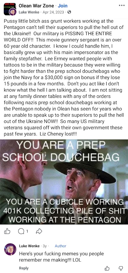 April 24, 2023, Facebook post by Luke Wenke insulting Pentagon employees, demanding that they challenge their superiors over the Ukraine war, and sharing a profanity-filled Full Metal Jacket meme mocking military office workers.