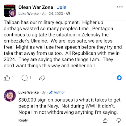April 24, 2023, Facebook post by Luke Wenke criticizing Pentagon leadership over military equipment left to the Taliban, condemning U.S. involvement in Ukraine, and expressing support for Republicans in the 2024 election.